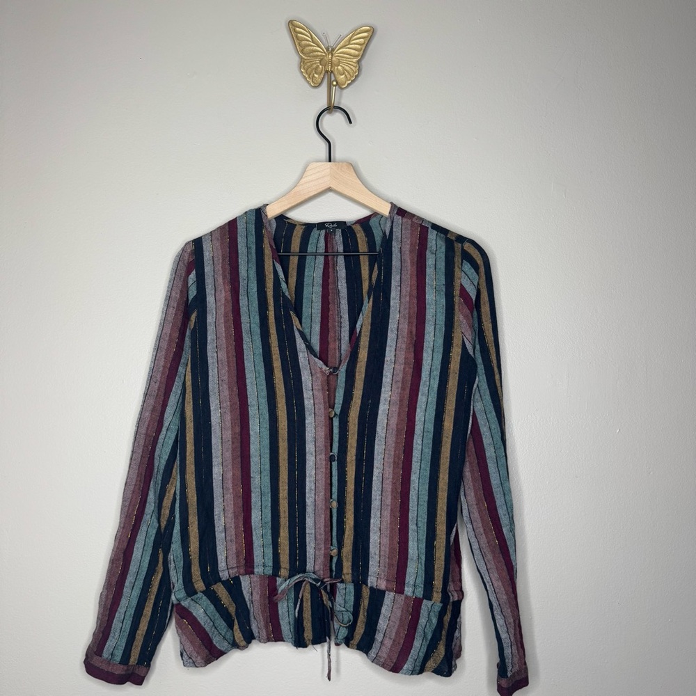 Rails Women's Size Small Beaux Varadero Stripe Button Tie Waist Ruffle Hem Top